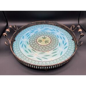 Temp-Tations Old World Blue Green 16" Serving‎ Tray Handles Glass Insert Metal